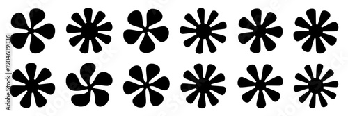 Flowers doodle icon set with black minimalist asterisk blooms, simple flat floral silhouettes for logos, stickers, patterns, wedding invites, spring design elements