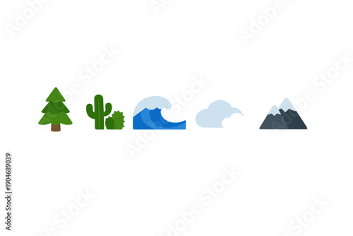 Different natural elements represented by icons showing a tree, cactus, wave, cloud, and mountain in a simple layout