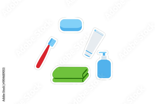 Toothbrush, soap, washcloth, toothpaste, and lotion are arranged together on a plain background for easy use during daily personal care routine