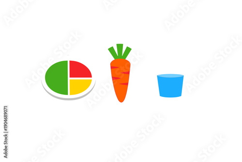 Colorful plate with divided sections, a carrot, and a glass of water placed side by side on a white background during a nutrition activity