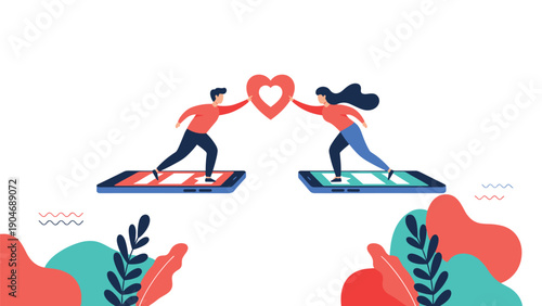 Man and woman on smartphone platforms connecting through a shared red heart to represent online dating and digital relationship connections.