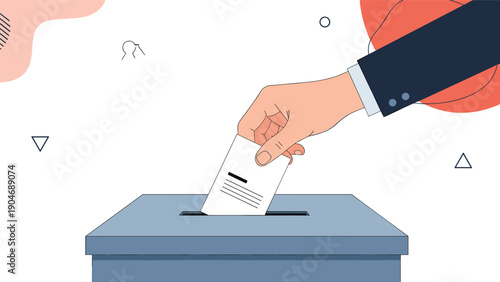 Human hand in a suit placing a voting ballot into a blue ballot box to participate in an election or important democratic process.