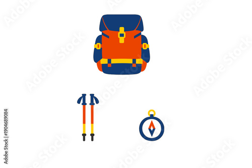 Backpack, trekking poles, and compass are displayed for outdoor adventure preparation in a bright and simple design