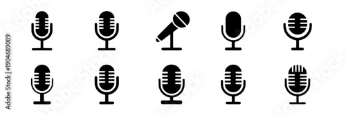 Microphones icon set with various designs and styles for media, podcast, broadcasting featuring microphone, audio, sound with recording and black elements for simple, vector projects, clean