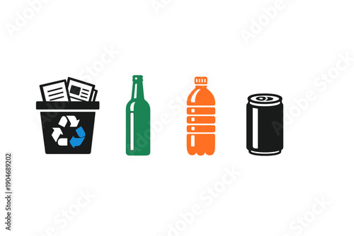 Different types of recyclable items shown in a simple graphic for educational purpose to promote recycling and waste management in communities