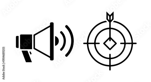 Megaphone Icon with Sound Waves Next to Target with Arrow, Advertising and Goal Achievement