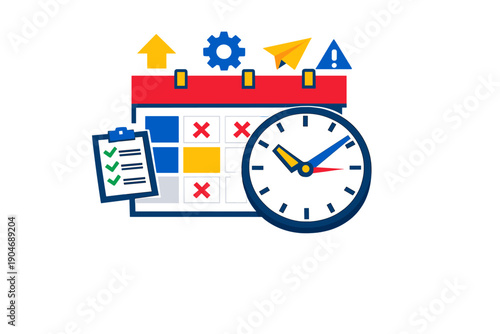 Calendar with schedule, clock, and checklist showing time management and planning in an office setting