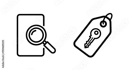 Magnifying Glass Icon on Document and Key on Tag Icon, Search and Access Concept