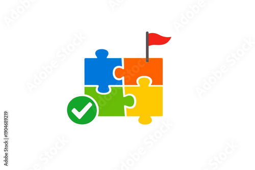 Puzzle pieces arranged with a flag on top and a check symbol beside it in a simple design for educational or game purposes