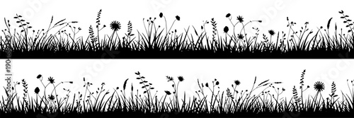Grass and flowers line art set with black and white botanical illustrations and delicate floral designs featuring nature, plants, background with design and vector elements for minimalist, elegant