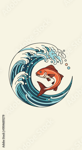 Illustration of a salmon jumping out of a stylized wave on a beige background with blue and white hues.