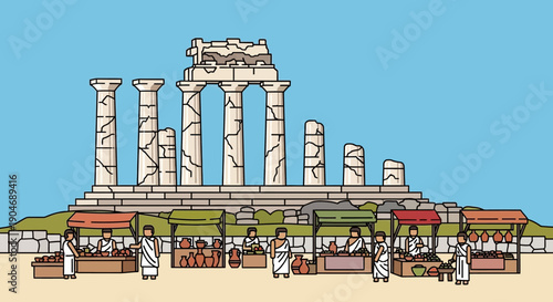Ancient Greek market scene with vendors selling goods in front of historic temple ruins, depicting a lively marketplace atmosphere and classical architecture