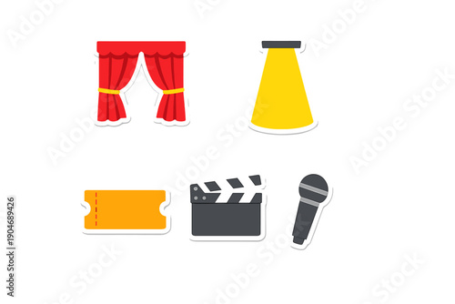 Stage elements show waiting time for a performance in a theater with curtains, lights, tickets, a clapperboard, and a microphone