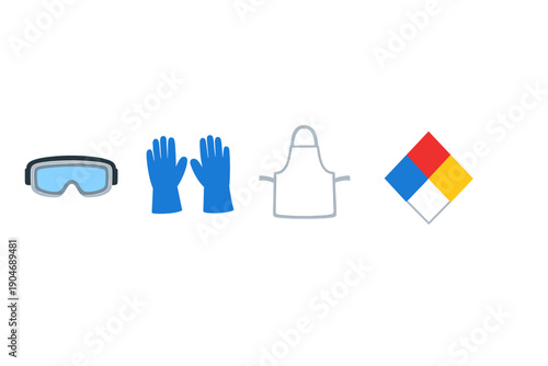 Safety gear is arranged on a table, showing goggles, gloves, an apron, and a chemical warning sign in a lab setting during a workday