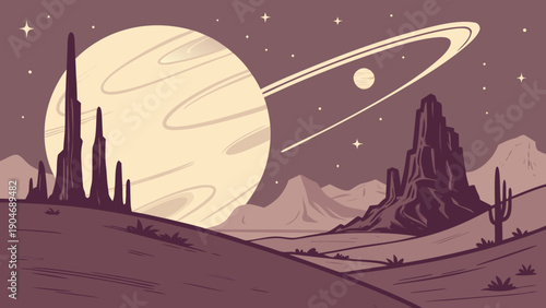 Pixel art illustration of a desert landscape on an alien planet with a large ringed moon
