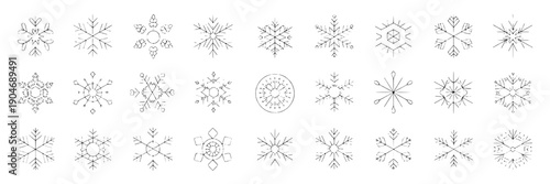 Snowflakes set with various intricate designs and patterns, delicate and frosty, black line art on white background featuring winter, frost, cold with ice and crystal elements for monochrome,