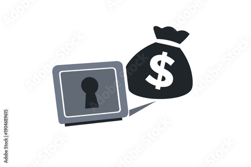 Concept of security and finance showing a locked safe and a bag of money with a dollar sign