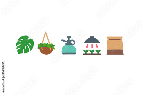 Different tools and items used in home gardening are shown together to highlight various aspects of plant care and growth for indoor gardening