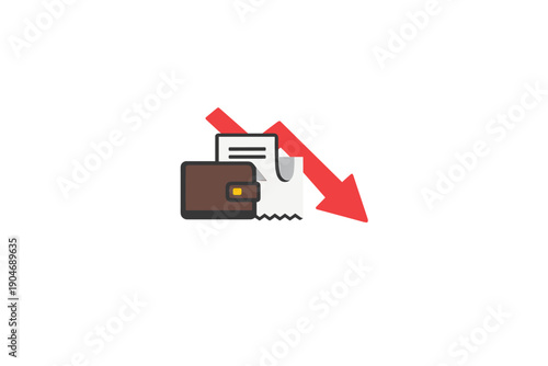 Wallet and bills with downward arrow showing decrease in money or expenses in a financial concept setting