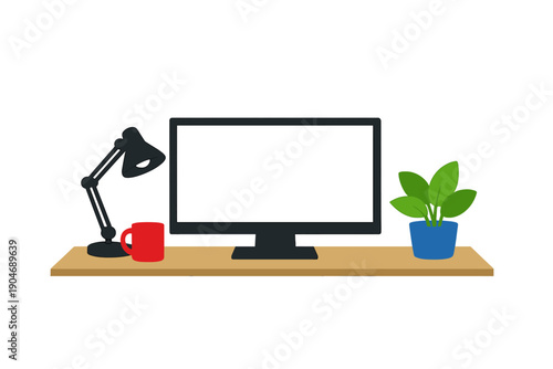 Home office setup includes a desk with a monitor, lamp, cup, and plant during daytime hours