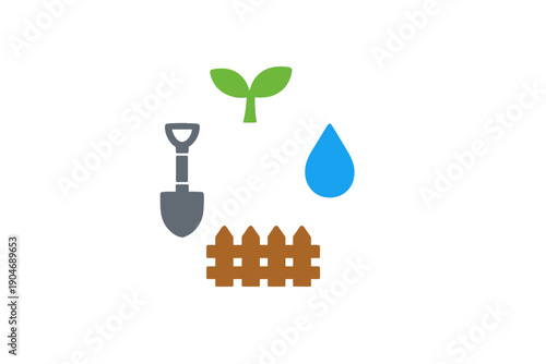 Gardening tools and elements including a shovel, plant, water droplet, and fence create a simple scene of outdoor gardening activity in a home setting