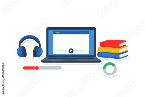 Learning tools are arranged on a desk with a laptop, books, headphones, and loading bars showing that online study is in progress in a modern space