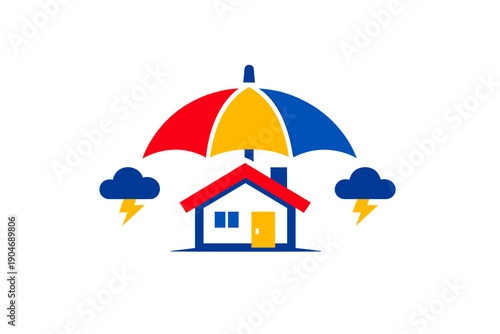 Umbrella protecting house from rain and storms during a weather event