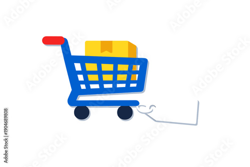 Shopping cart with a yellow box inside on a white background depicting the act of online shopping or delivery service