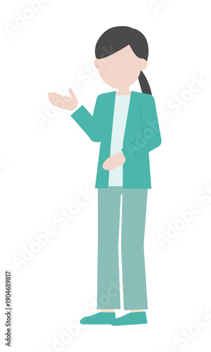 案内する女性の全身イラスト　手のひらで説明するビジネス人物素材