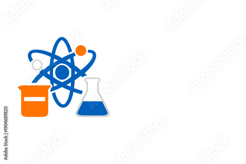 Science symbols with an atom, a beaker, and a flask representing chemistry and physics concepts at an educational setting