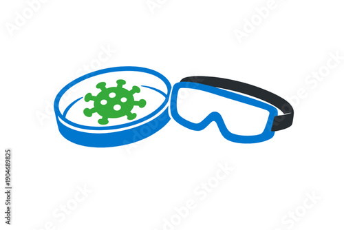 Protective gear and a virus symbol are shown on a flat surface for health and safety education in a medical setting during daytime