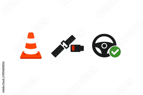 Traffic safety symbols including a cone, a seatbelt, and a steering wheel indicating importance of safe driving practices