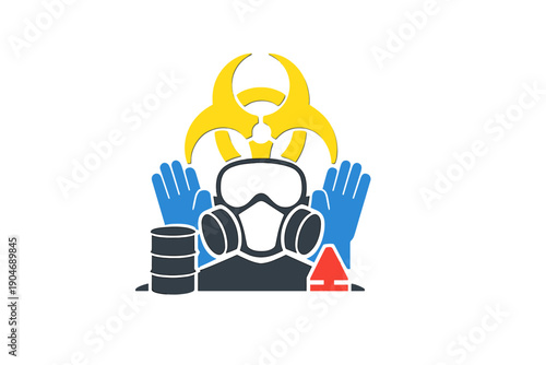 Safety measures for hazardous materials in an industrial worksite where workers wear protective gear and handle chemical drums