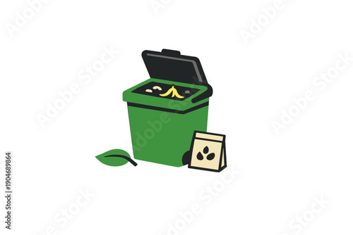 Green compost bin with banana peels and seed packet beside it in a kitchen setting during daytime