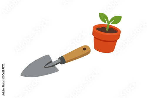 Gardening tools are arranged with a small plant in a pot on a white background during daylight for planting and nurturing garden spaces