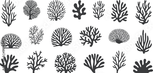 Coral Silhouette Collection Set Isolated on White Background, Marine Reef Black Sea Coral Shapes for Ocean Wildlife Design and Illustration