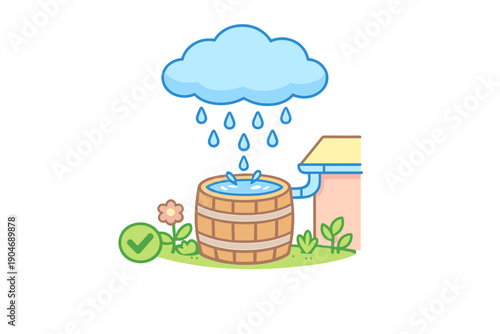 Water collection through a rainwater harvesting system in a backyard garden during a rainy day in a residential area