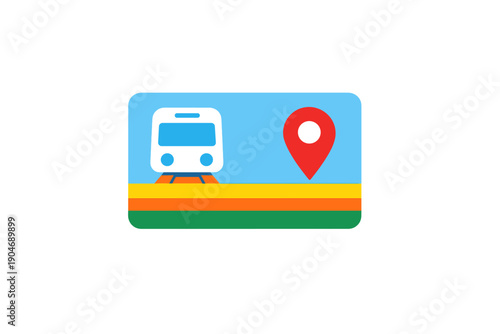 Train station sign showing train icon and location marker against a blue background with multicolored stripes