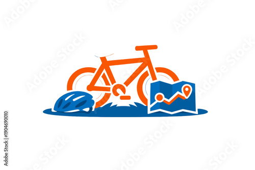 Cyclist prepares for a ride with bike gear and a map on grass in an outdoor setting during daytime