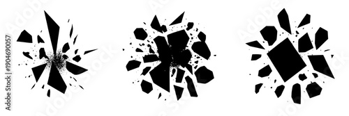 Bullet holes set with black shattered glass and exploded effects, vector illustration, isolated on white, broken window theme featuring explosion, damage, destruction with impact and violence