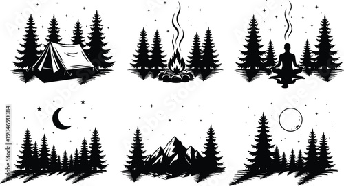 Camping and wilderness silhouette illustration set featuring tent, campfire, meditation, forest, mountains, moon, and night sky, symbolizing outdoor adventure, mindfulness, and nature exploration