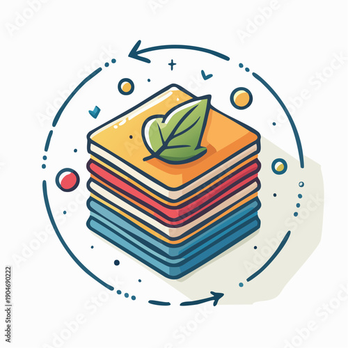 Colorful stack of books with a green leaf on top surrounded by circular arrows.