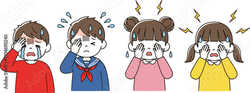 Cartoon vector illustration set of young boys and girls experiencing headache fever stress and crying for pediatric healthcare mental wellness and childhood illness concepts
