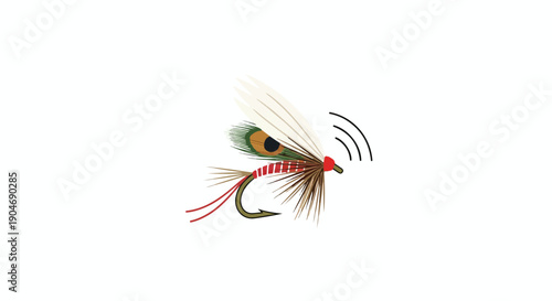 A close-up shot of a fly fishing lure with a hook, feathers, and threads on a white background.
