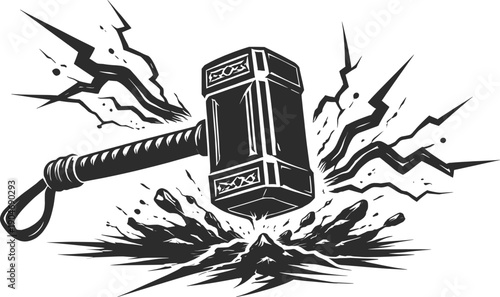 Thor Hammer Mjolnir Lightning Power Vector Illustration.