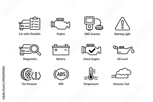 Car maintenance icons: engine, obd scanner, warning light, diagnostics, battery