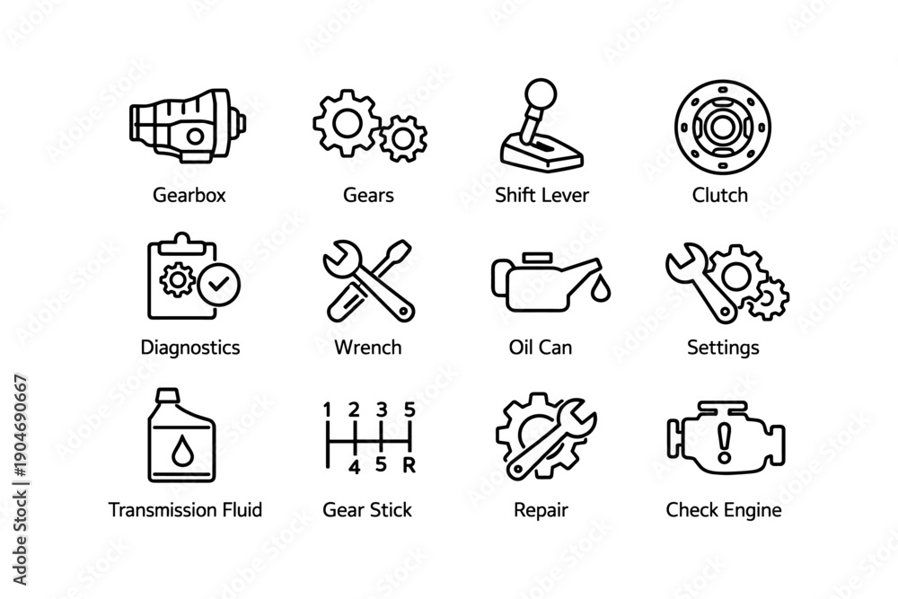 Fototapeta premium Automotive icons: gearbox, gears, shift lever, clutch, diagnostics, wrench, oil can, settings