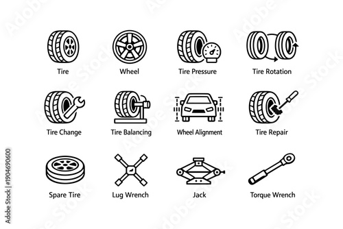 Tire maintenance and repair icons: pressure, rotation, change, alignment, repair, tools