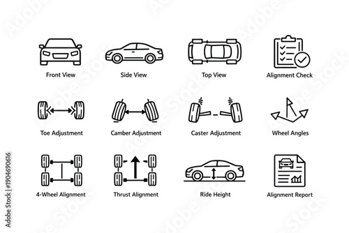 Car alignment diagram with front, side, top views and adjustment icons