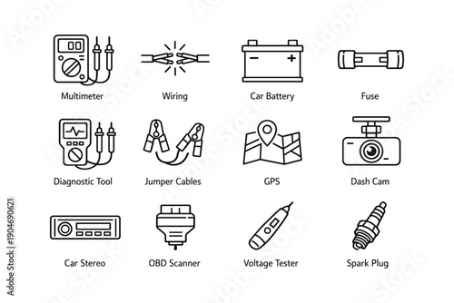 Essential car maintenance tools icons: multimeter, gps, battery, dash cam, spark plug